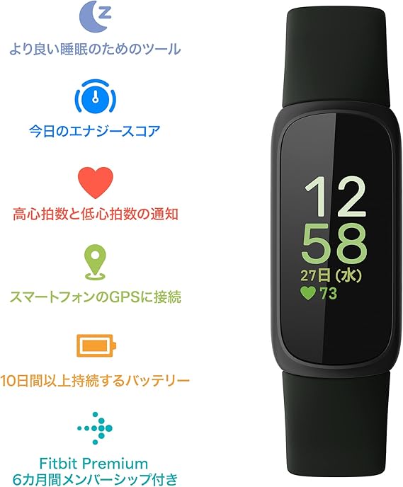 月額1,880円レンタルプラン:Fitbit Inspire 3 (フィットビット)トラッカー 最大10日間のバッテリー 健康指標ダッシュボード 心拍計測と睡眠スコア計測 ミッドナイトゼン-ブラック