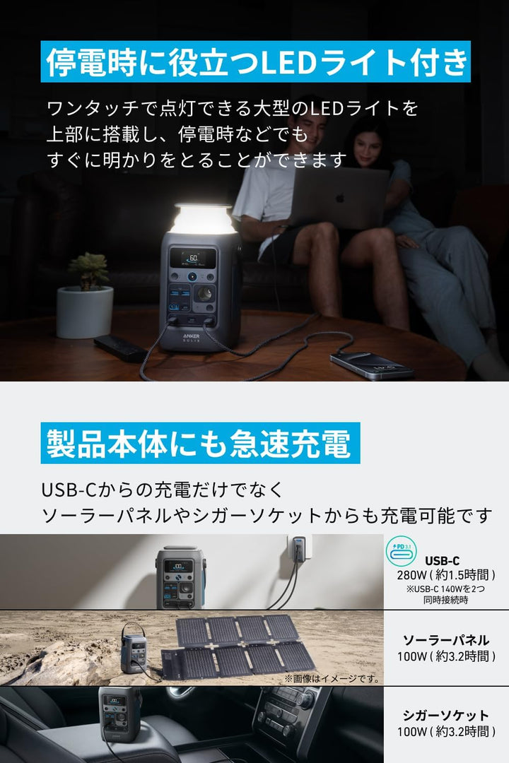 月額3,880円レンタルプラン:Anker Solix C300 DC Portable Power Station 7ポート LEDライト&豊富な充電方法 最軽量モデル スマホで遠隔操作 防災 A17265Z1 ダークグレー