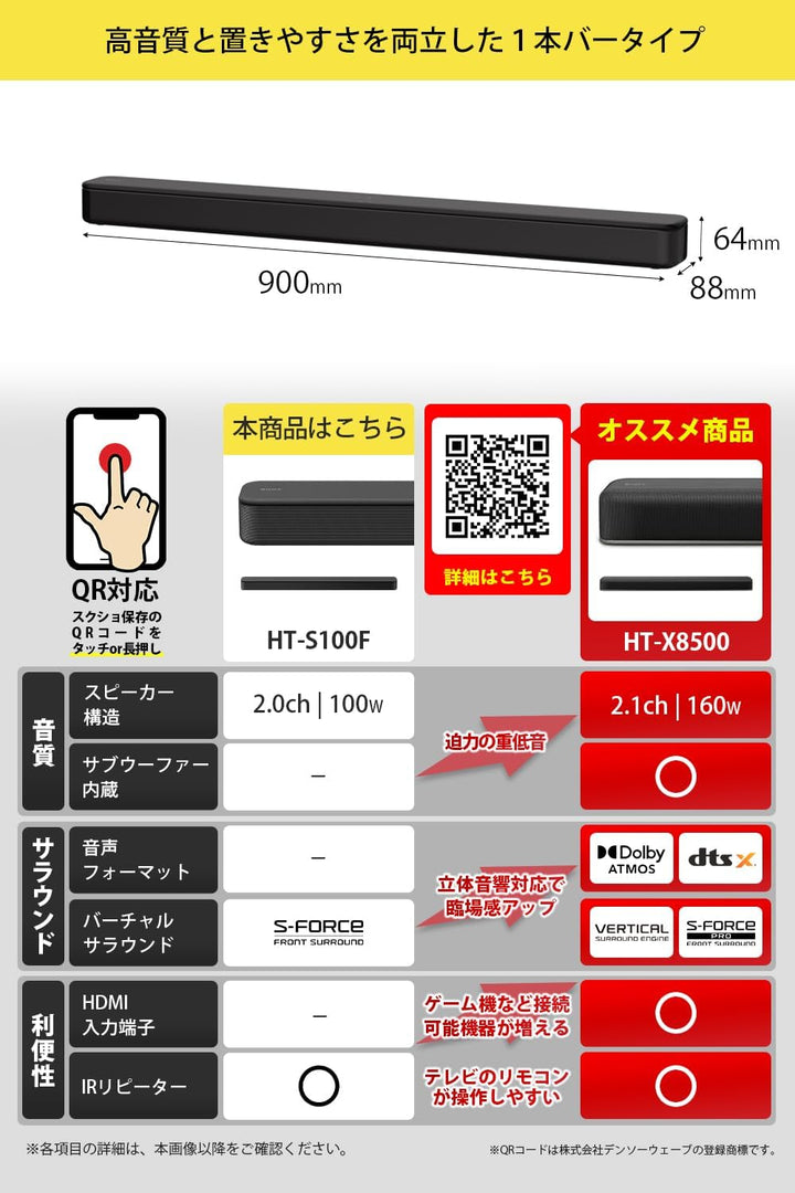 月額2,080円レンタルプラン:ソニー(SONY) サウンドバー HT-S100F チャコールブラック