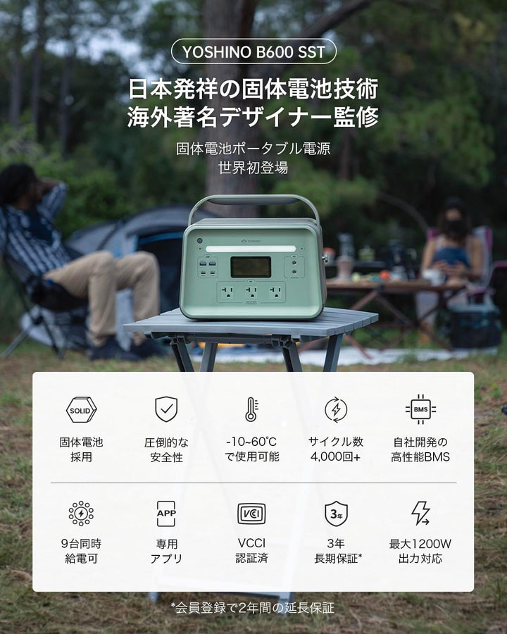 月額15,800円レンタルプラン:YOSHINO ポータブル電源 大容量 静音性 極寒&炎天下対応 4種類の充電方式 アプリで遠隔操作 ソーラーパネル対応 B600 SST グリーン