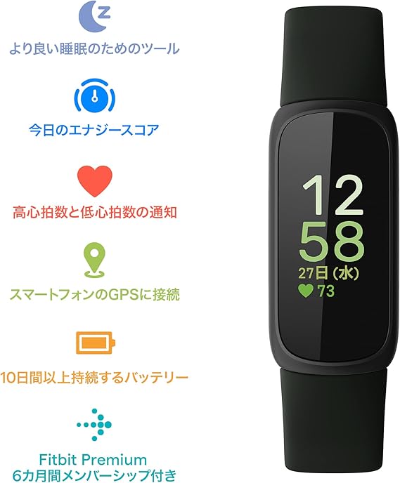 月額1,880円レンタルプラン：Fitbit Inspire 3 (フィットビット)トラッカー 最大10日間のバッテリー 健康指標ダッシュボード 心拍計測と睡眠スコア計測 ミッドナイトゼン-ブラック