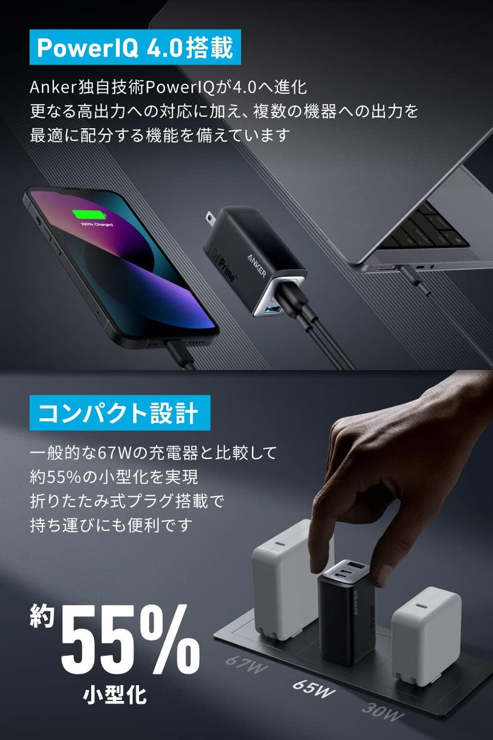 月額1,680円レンタルプラン：アンカー(Anker) 735 Charger (GaNPrime 65W) 高速充電　A2668N11 ブラック