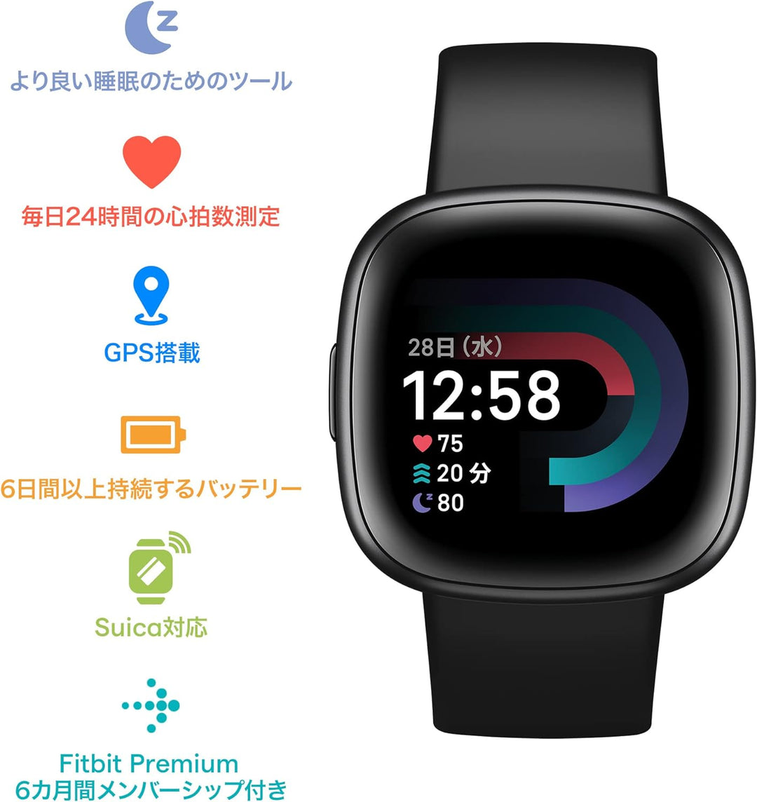 月額3,780円レンタルプラン：Fitbit Versa 4 スマートウォッチ ストレス軽減 GPS搭載 スリムデザイン Suica対応 FB523BKBK-FRCJK ブラック