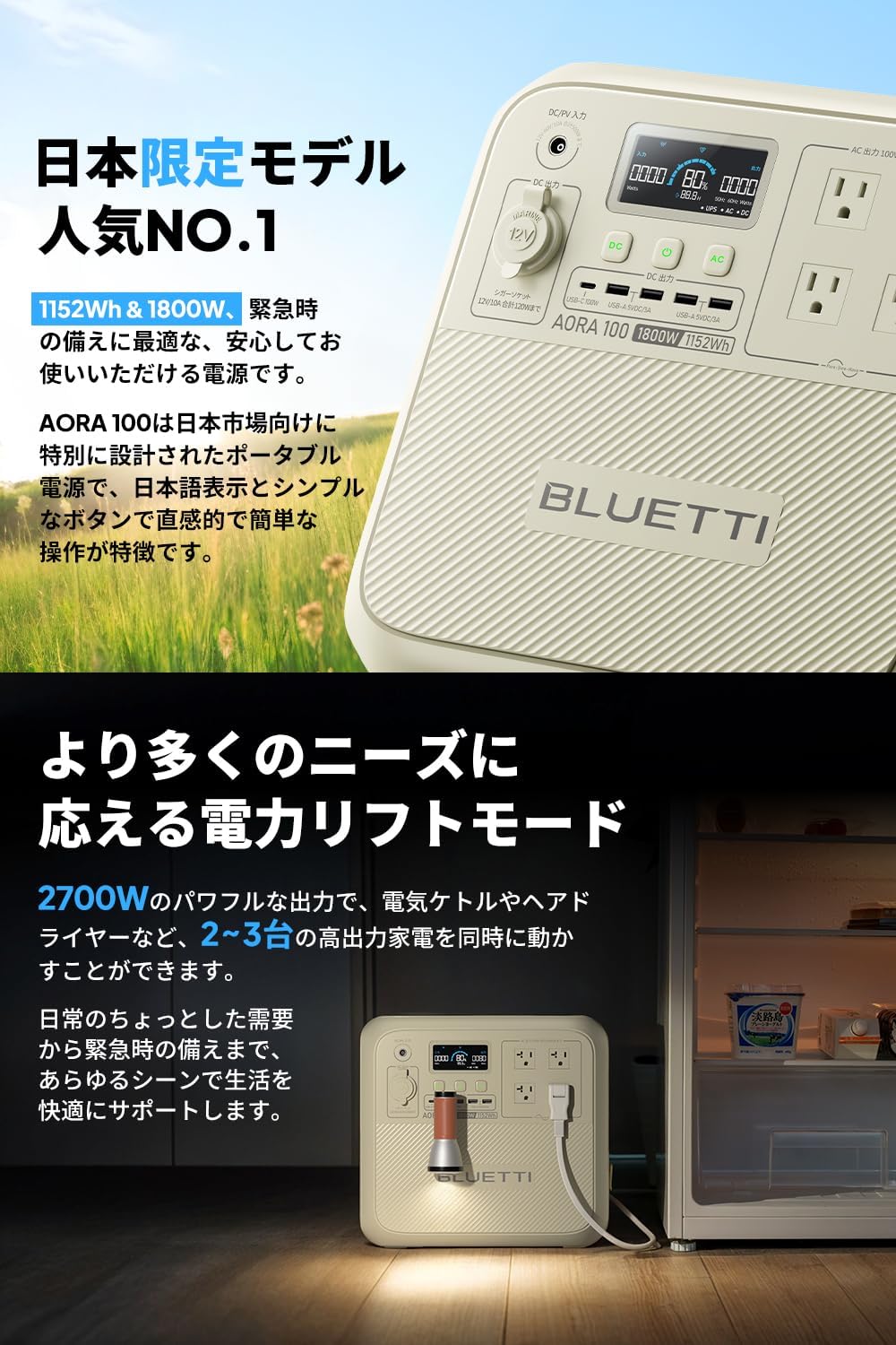 月額12,800円レンタルプラン：BLUETTI ポータブル電源 AORA 100 容量