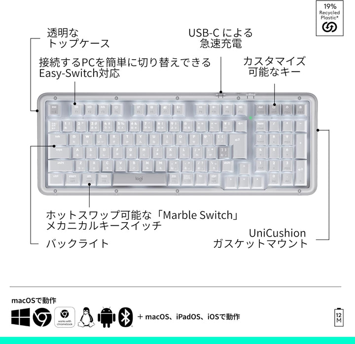 月額2,980円レンタルプラン：Logicool Alto Keys K98M ガスケット ワイヤレス メカニカルキーボード K98MOW