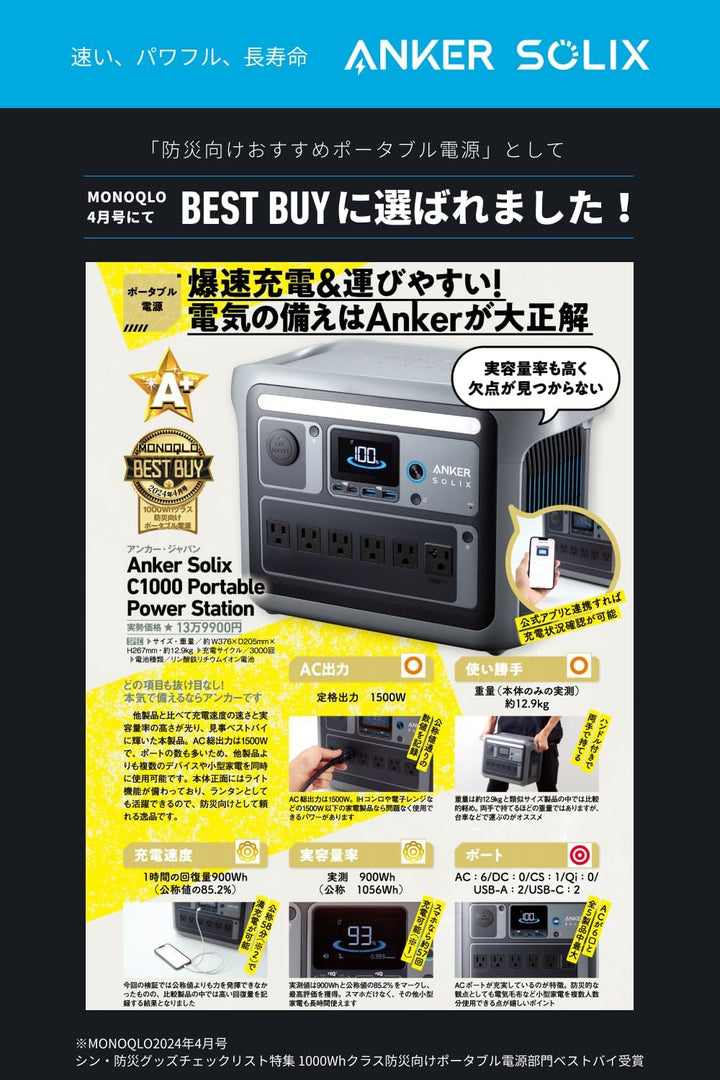 月額20,800円レンタルプラン：Anker Solix C1000 Portable Power Station 58分で満充電 防災 コンパクト A17615Z1 ダークグレー