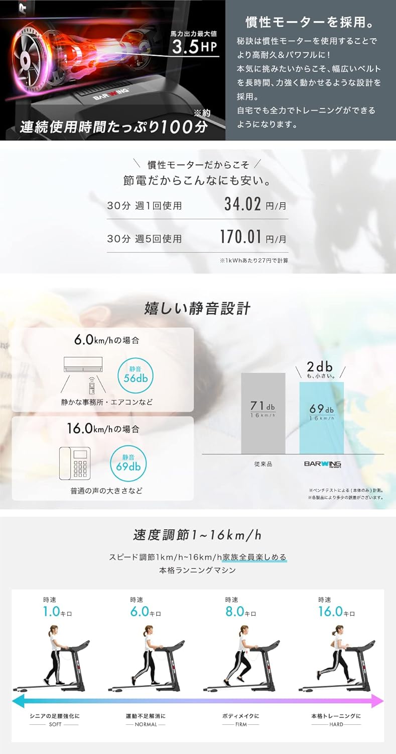 月額6,680円レンタルプラン：BARWING ルームランナー MAX16km/h BW-SRM16 ブラック
