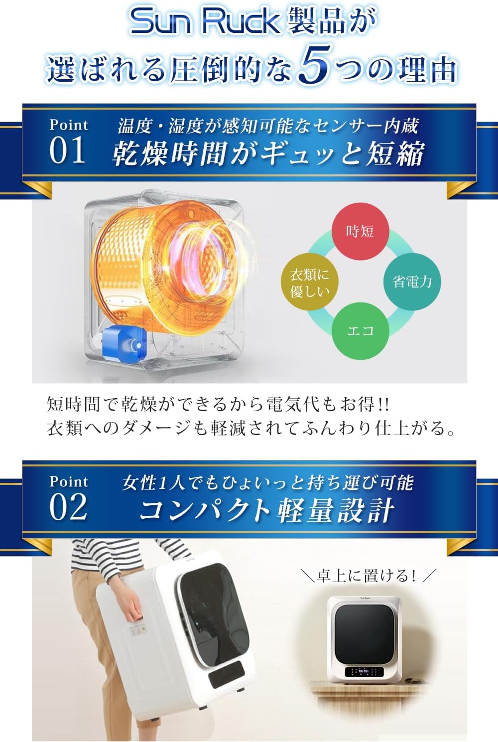 月額4,980円レンタルプラン：SunRuck 衣類乾燥機 3kg SR-ASMN206-W