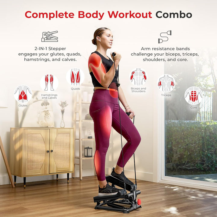 月額4,680円レンタルプラン：Sunny Health&Fitness ミニステッパー 抵抗バンド&LCDディスプレイ付き SF-S0978SMART ブラック